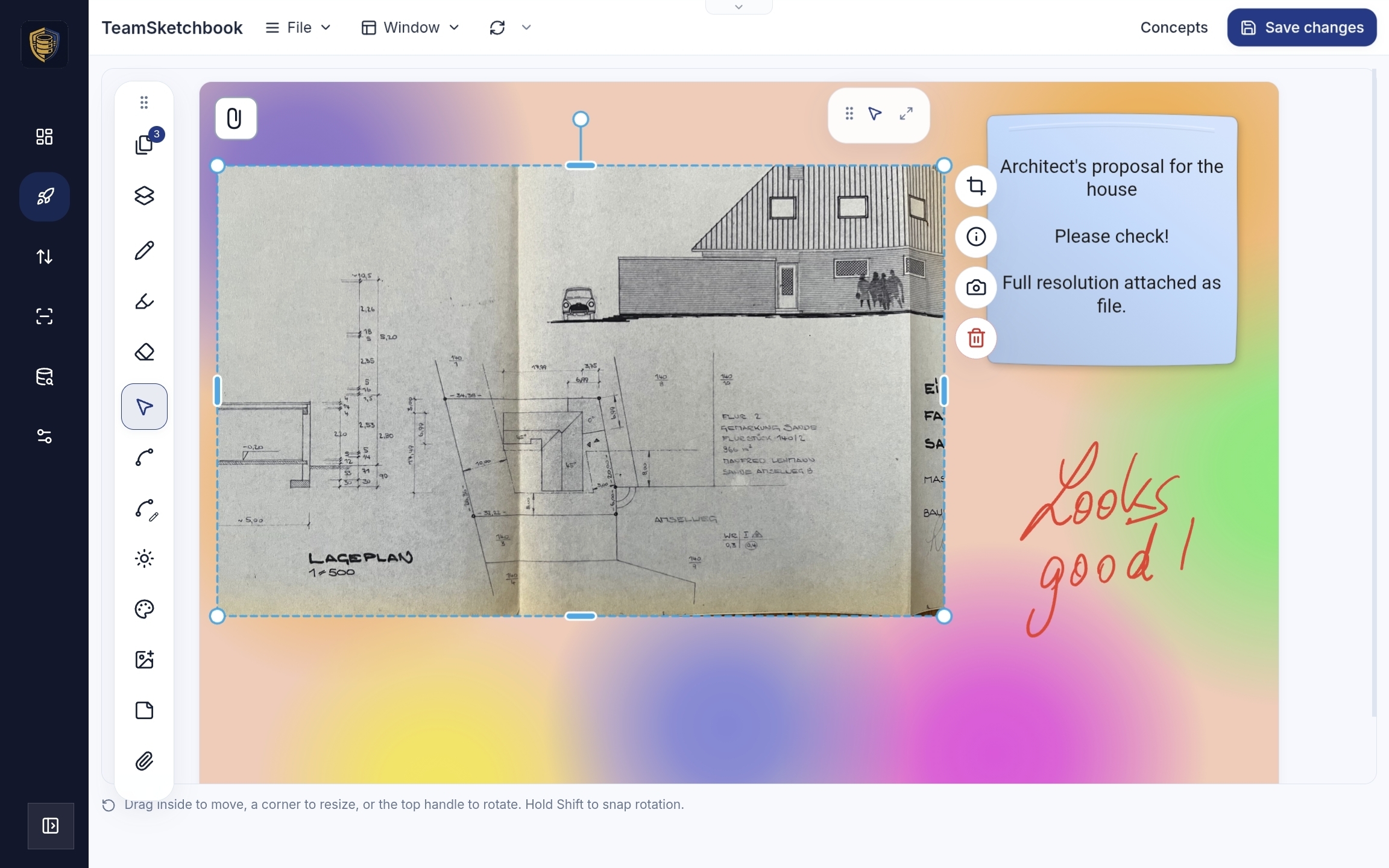 Photo of an architectural site plan on the canvas with a sticky note, red ink feedback, and a file attachment on the image