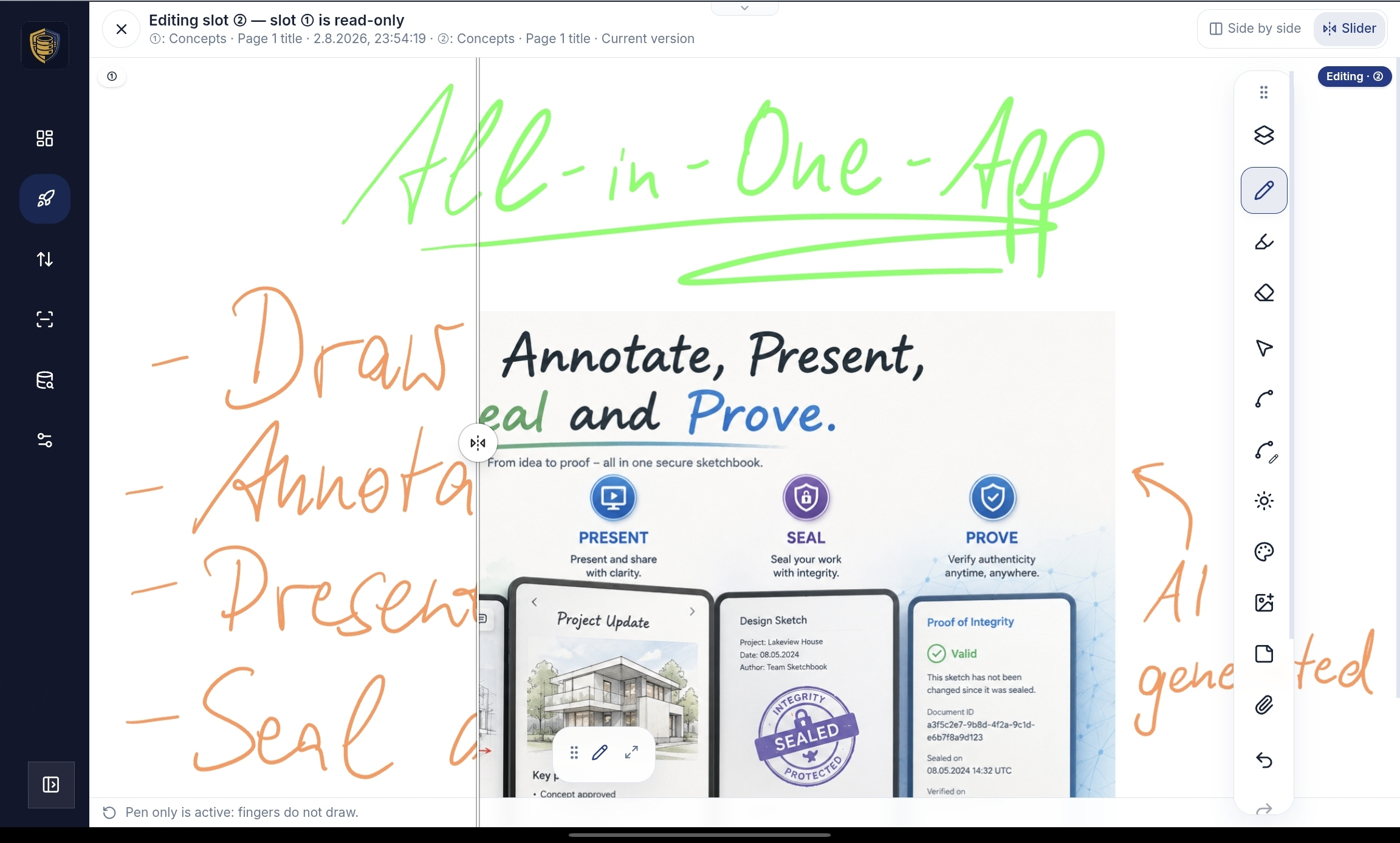 Slider compare view revealing differences between an older revision and the current page