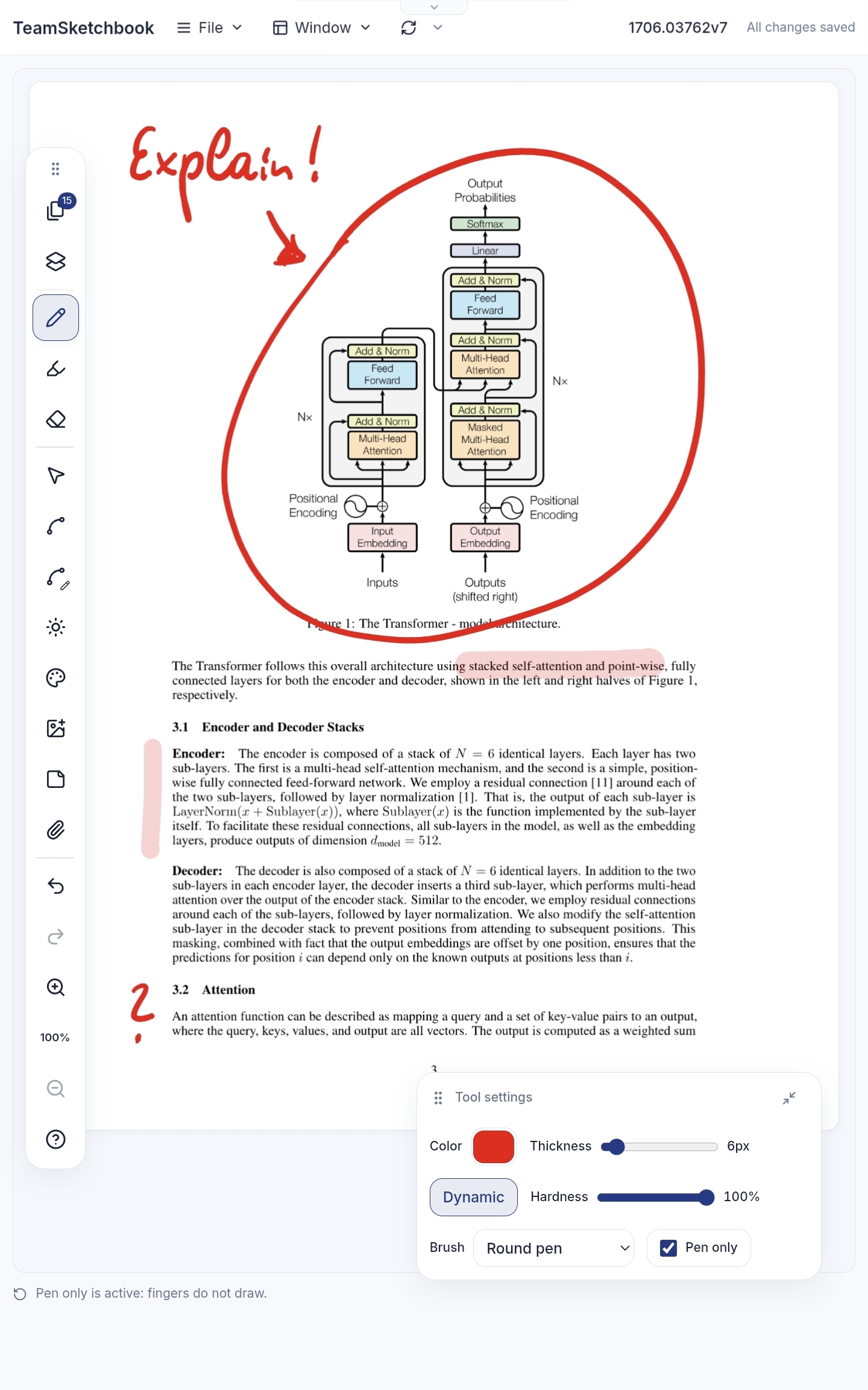 Imported PDF page annotated with red ink and pink highlighter over a Transformer architecture diagram