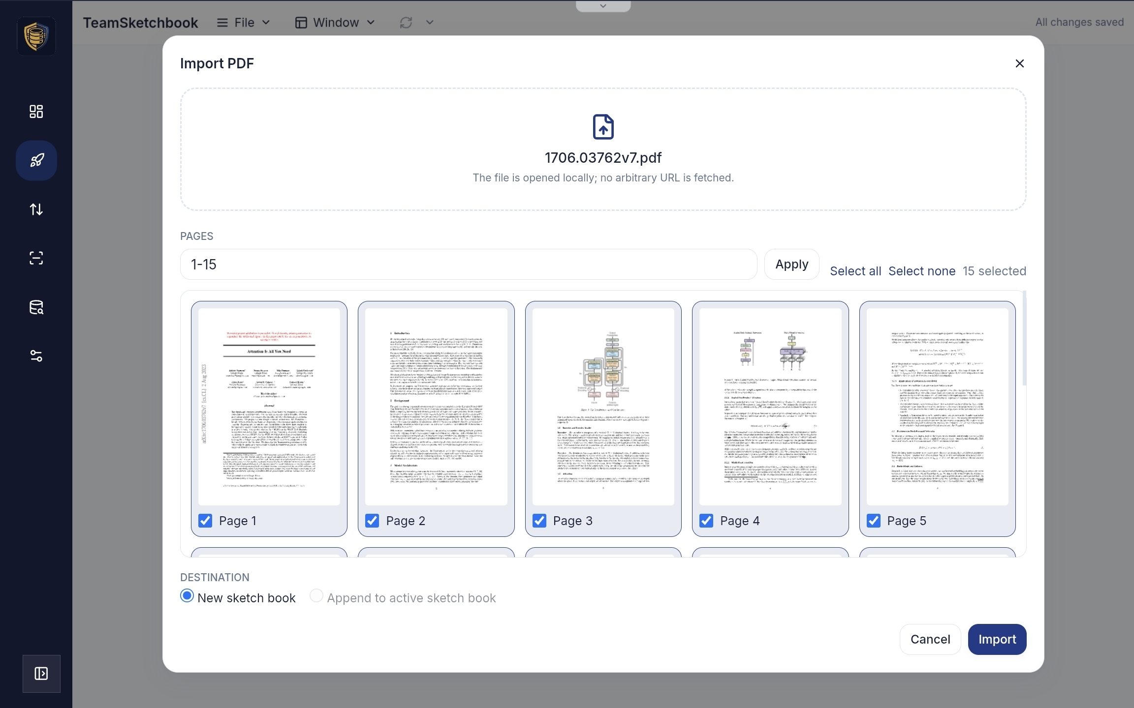 Import PDF dialog with page thumbnails and range selection for a research paper