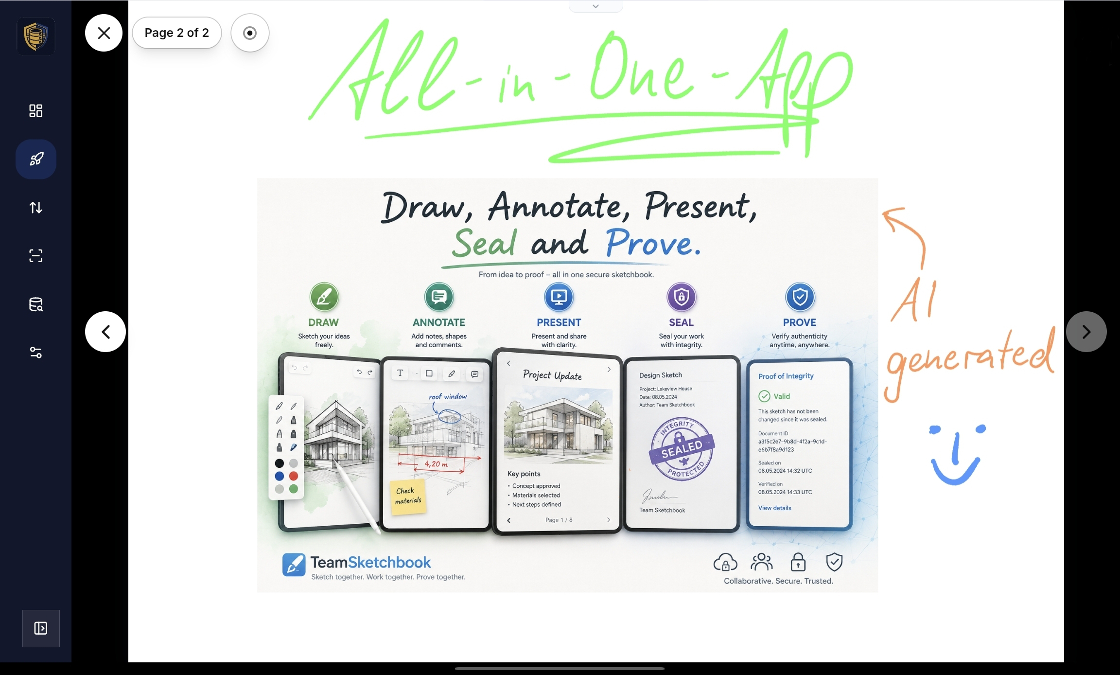 Presentation mode with page navigation, laser pointer chrome, and live ink annotations on a slide