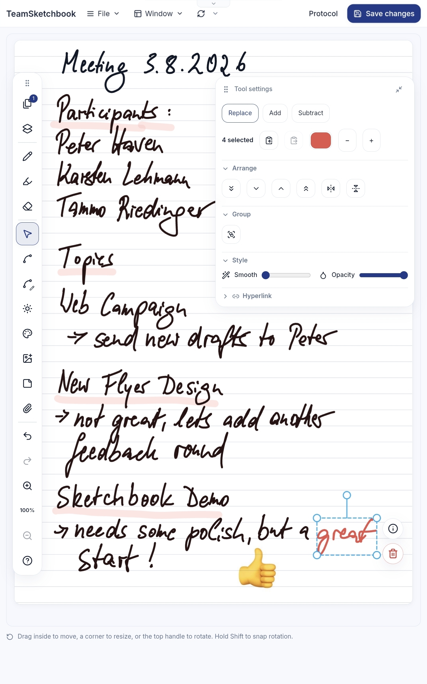 Lined meeting protocol page with handwritten notes, pink highlights, and a selected stroke showing transform handles