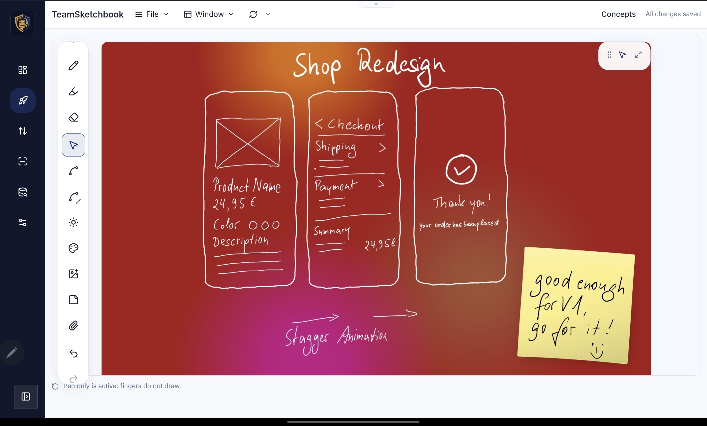 Infinite canvas shop redesign with hand-drawn mobile wireframes for product, checkout, and thank-you screens, stagger-animation notes, a yellow sticky, and a warm gradient backdrop