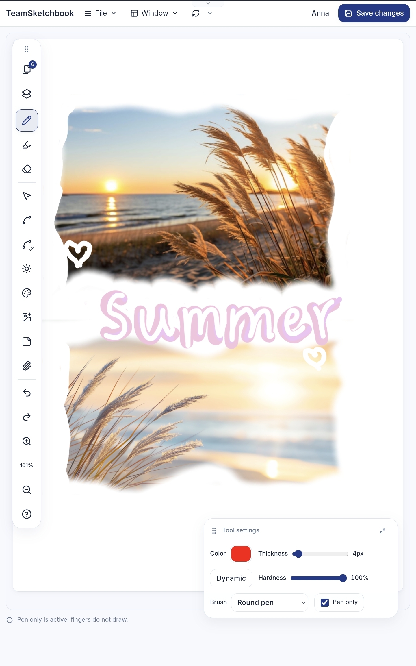 Sketchbook page with a Summer photo collage, hand-drawn hearts, and the pen tool settings panel open